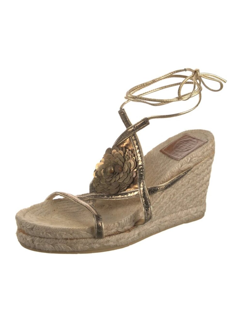 TORY BURCH Diamond High Sandal Wedges with Flower details in Bronze size 6